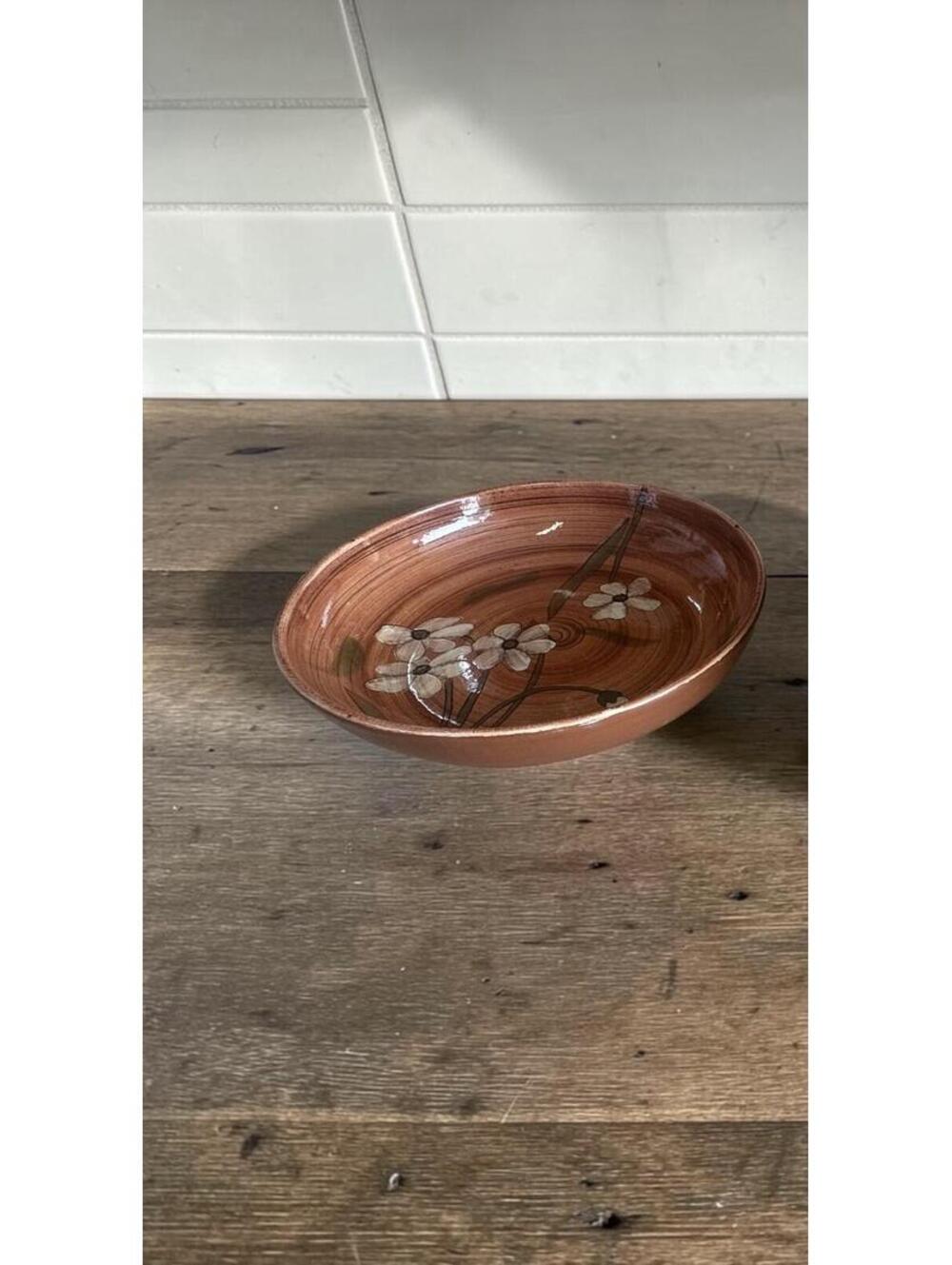 HAUSENWARE 12.5" SERVING BOWL BROWN WITH WHITE FLOWERS| Vintage | Ceramic Retro
